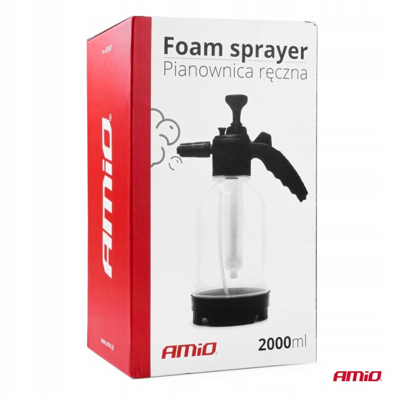 Opakowanie produktu z napisem \'Foam sprayer Pianownica ręczna\' oraz logo \'AMiO\'. Widoczny jest obrazek przezroczystego opryskiwacza z czarnym uchwytem i podstawą, a pojemność wynosi 2000 ml.