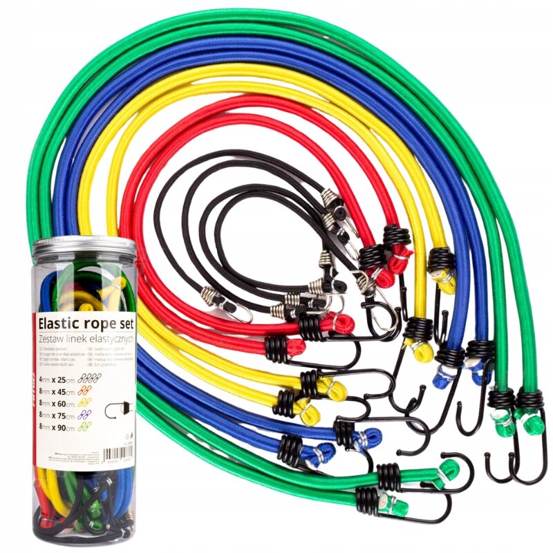 Zestaw kolorowych linek elastycznych z haczykami, w różnych długościach, zapakowany w przezroczysty pojemnik. Na etykiecie widnieje napis: \'Elastic rope set Zestaw linek elastycznych\'.