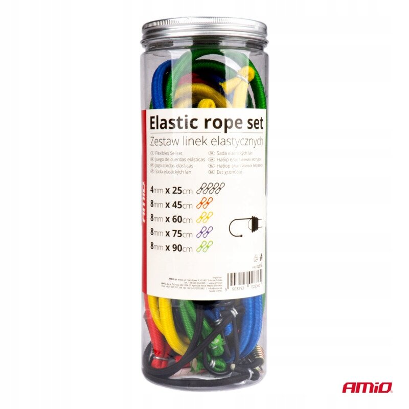 Przezroczysty pojemnik z metalową pokrywką zawiera zestaw kolorowych linek elastycznych. Na etykiecie widnieje napis \'Elastic rope set Zestaw linek elastycznych\' oraz szczegóły dotyczące rozmiarów linek.