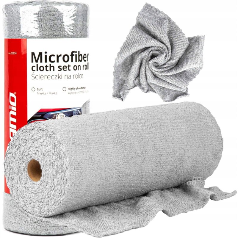 Na obrazie widoczna jest rolka szarych ściereczek z mikrofibry oraz opakowanie z napisem \'Microfiber cloth set on roll Ściereczki na rolce\'. Ściereczki są miękkie i wysoko chłonne, a na opakowaniu widnieje logo \'amio\'.