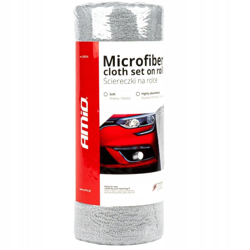 Opakowanie ściereczek z mikrofibry w rolce z widocznym logo AMiO. Na etykiecie znajduje się zdjęcie czerwonego samochodu oraz tekst: \'Microfiber cloth set on roll Ściereczki na rolce\'.