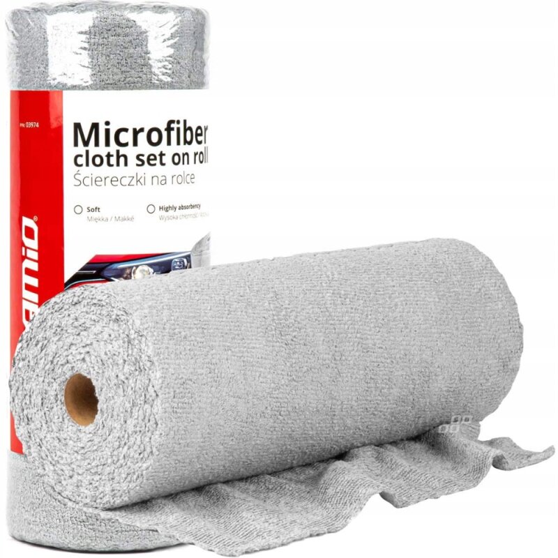 Na obrazie widoczna jest rolka szarych ściereczek z mikrofibry z etykietą zawierającą tekst: \'Microfiber cloth set on roll Ściereczki na rolce\'. Logo \'amio\' znajduje się na czerwonym tle etykiety.