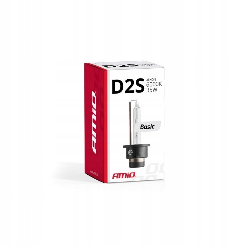 Opakowanie żarówki ksenonowej z napisem \'D2S Xenon 6000K 35W Basic\'. Widoczne logo \'AMiO\' oraz zdjęcie żarówki na białym tle.