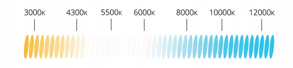 Obraz przedstawia skalę temperatury barwowej od 3000K do 12000K, z kolorami przechodzącymi od żółtego przez biały do niebieskiego. Widoczne są oznaczenia: 3000K, 4300K, 5500K, 6000K, 8000K, 10000K, 12000K.