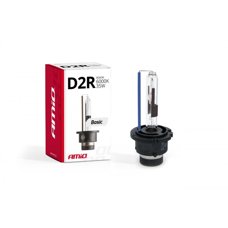 Obraz przedstawia żarnik żarówki ksenonowej oraz opakowanie z napisem \'D2R Xenon 6000K 35W Basic\'. Widoczne jest logo \'AMiO\' na opakowaniu.
