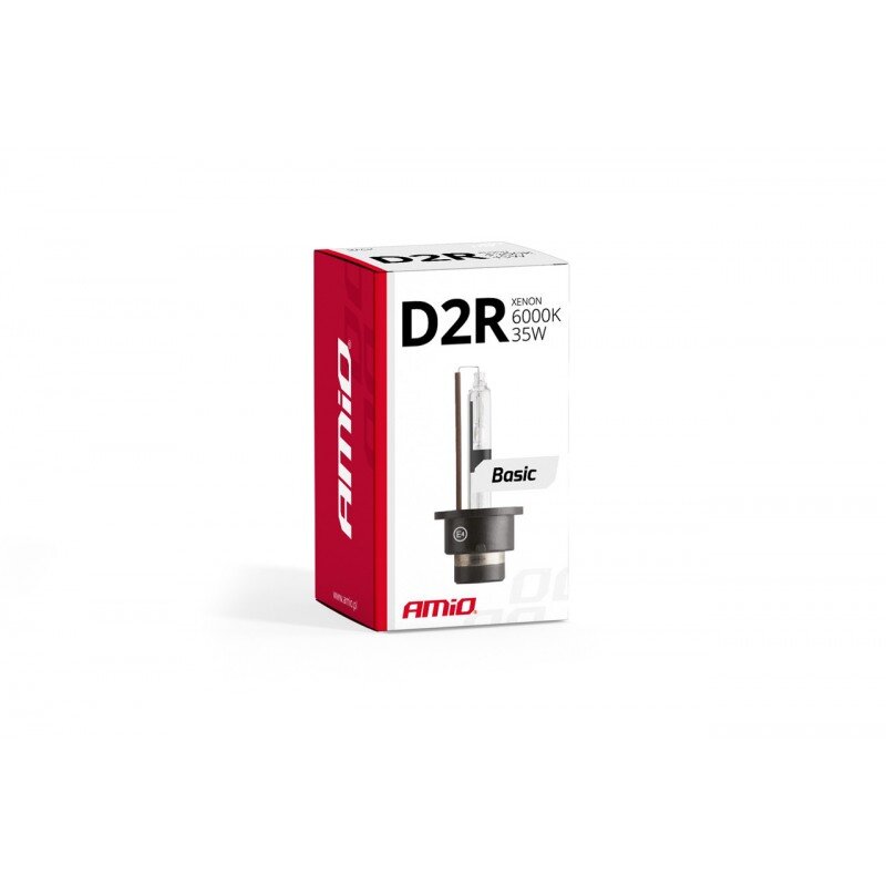 Opakowanie żarówki ksenonowej D2R 6000K 35W z napisem \'Basic\' i logo \'AMiO\'.