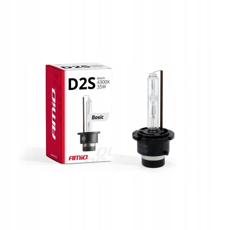 Obraz przedstawia żarówkę ksenonową D2S oraz jej opakowanie z napisem \'D2S Xenon 4300K 35W Basic\'. Na opakowaniu widoczne jest logo \'Amio\'.