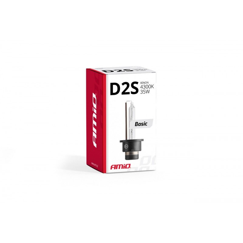 Opakowanie żarówki ksenonowej D2S z napisem \'XENON 4300K 35W Basic\'. Widoczne logo \'Amio\'.
