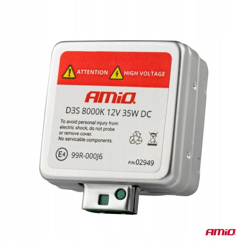 Zdjęcie przedstawia opakowanie produktu z napisem \'AMiO D3S 4300K 12V 35W DC\'. Widoczne są również ostrzeżenia \'ATTENTION HIGH VOLTAGE\' oraz informacje o numerze E4 99R-000J6 i P/N:02947.