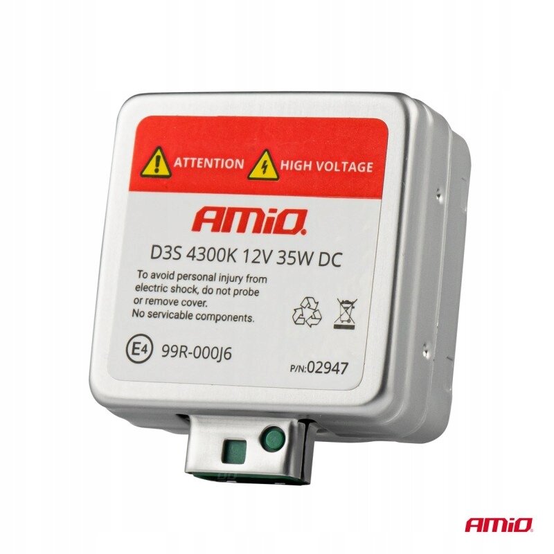 Zdjęcie przedstawia opakowanie produktu z napisem \'AMiO D3S 4300K 12V 35W DC\'. Widoczne są również ostrzeżenia \'ATTENTION HIGH VOLTAGE\' oraz informacje o numerze E4 99R-000J6 i P/N:02947.