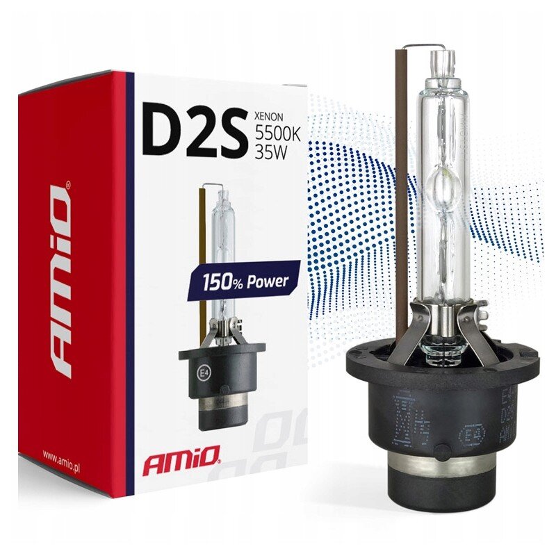 Obraz przedstawia żarówkę ksenonową oraz jej opakowanie z napisem \'D2S Xenon 5500K 35W\' i \'150% Power\'. Widoczne jest logo \'AMiO\' na opakowaniu.