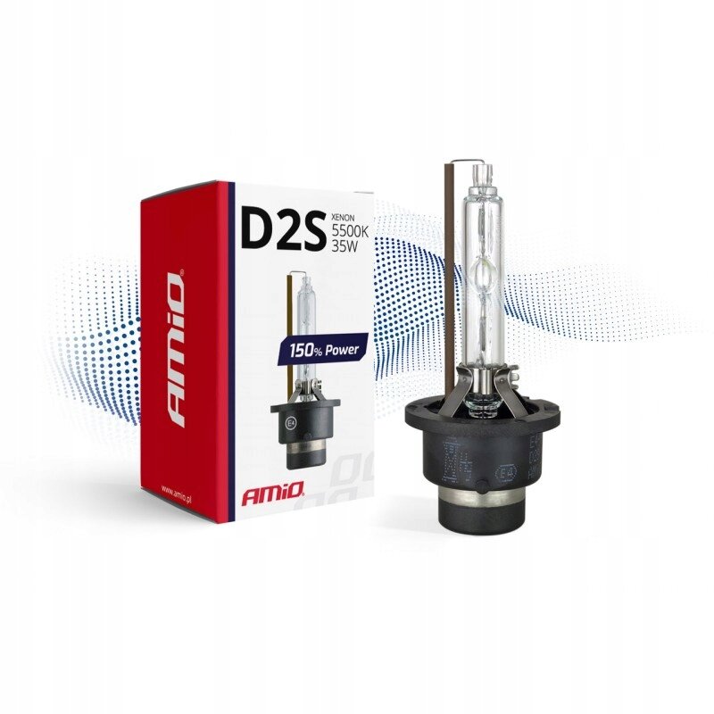 Obraz przedstawia żarówkę ksenonową oraz opakowanie z napisem \'D2S Xenon 5500K 35W 150% Power\'. Na opakowaniu widoczne jest logo \'AMiO\'.
