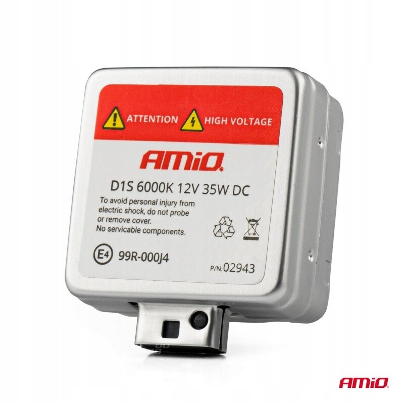 Obraz przedstawia srebrne opakowanie z etykietą zawierającą tekst: \'ATTENTION HIGH VOLTAGE AMiO D1S 6000K 12V 35W DC To avoid personal injury from electric shock, do not probe or remove cover. No serviceable components. E4 99R-000J4 P/N: 02943\'.