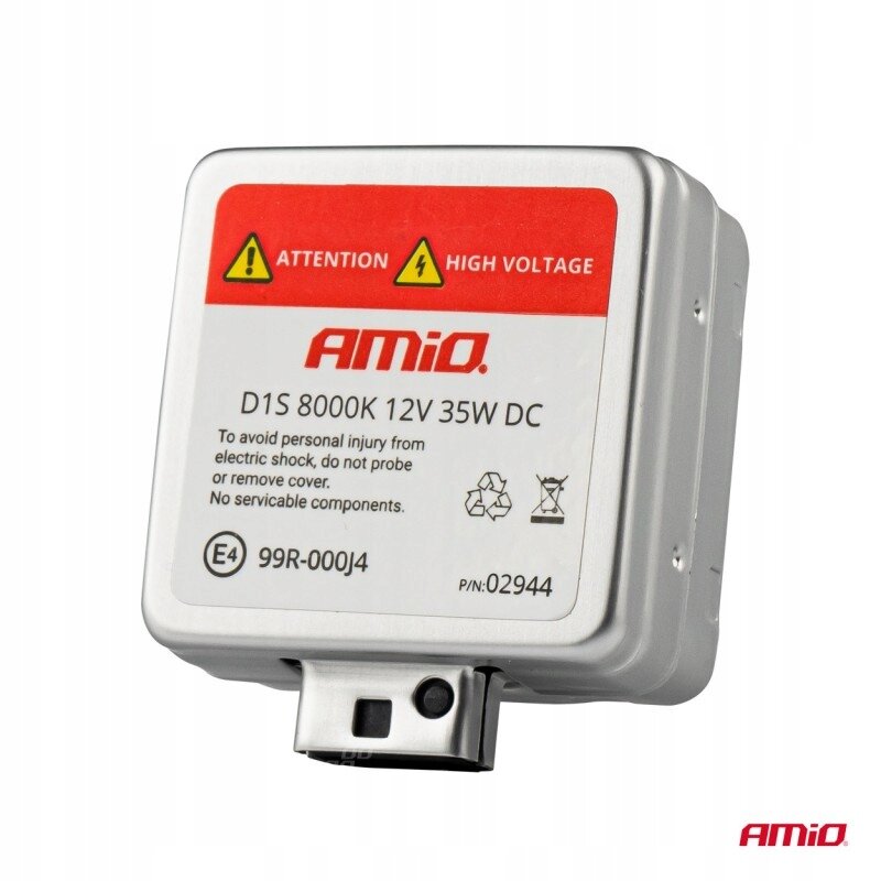 Prostokątne opakowanie z etykietą zawierającą tekst: \'ATTENTION HIGH VOLTAGE AMiO D1S 8000K 12V 35W DC To avoid personal injury from electric shock, do not probe or remove cover. No serviceable components. E4 99R-000J4 P/N:02944\'.