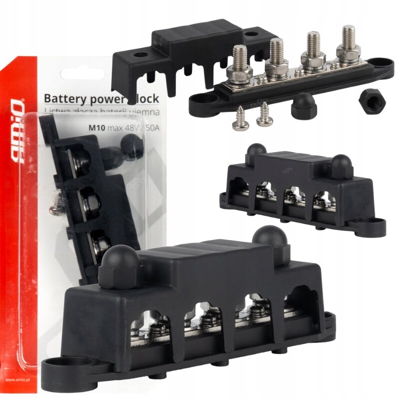 Na obrazie widoczny jest czarny blok mocy z czterema śrubami, zaprezentowany z różnych perspektyw. Opakowanie produktu zawiera tekst: \'Battery power block, Listwa złącza baterii, M10 max 48V/50A\'.