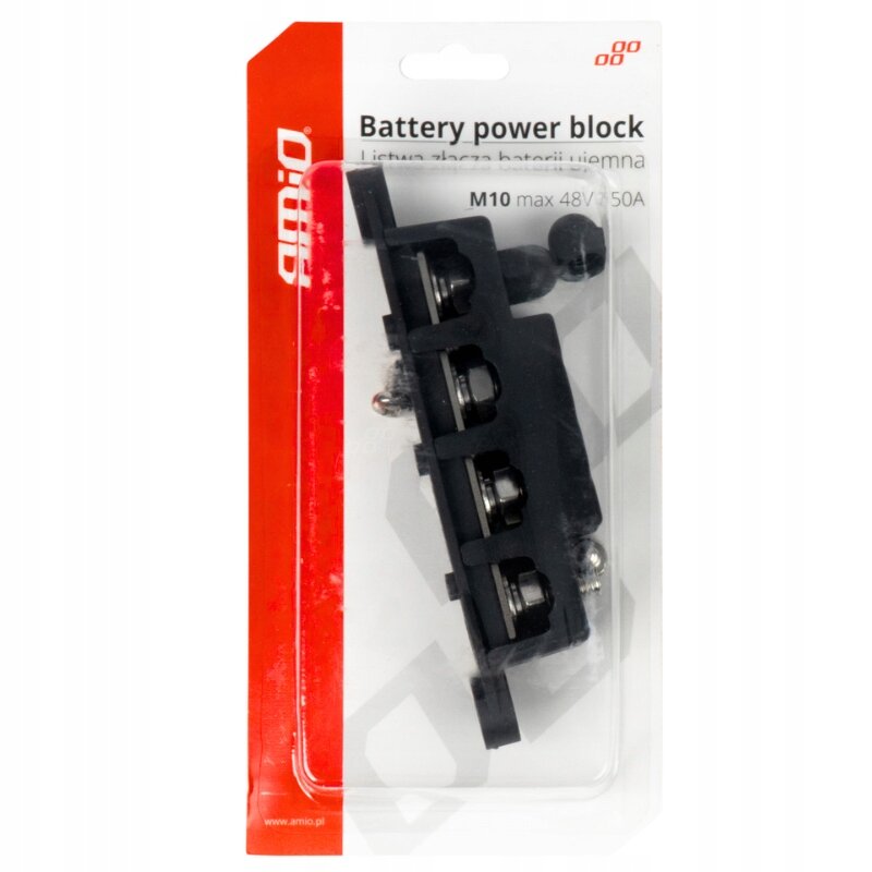 Opakowanie produktu z napisem \'Battery power block\' oraz \'M10 max 48V/50A\'. Widoczne logo \'amio\' na czerwonym tle.