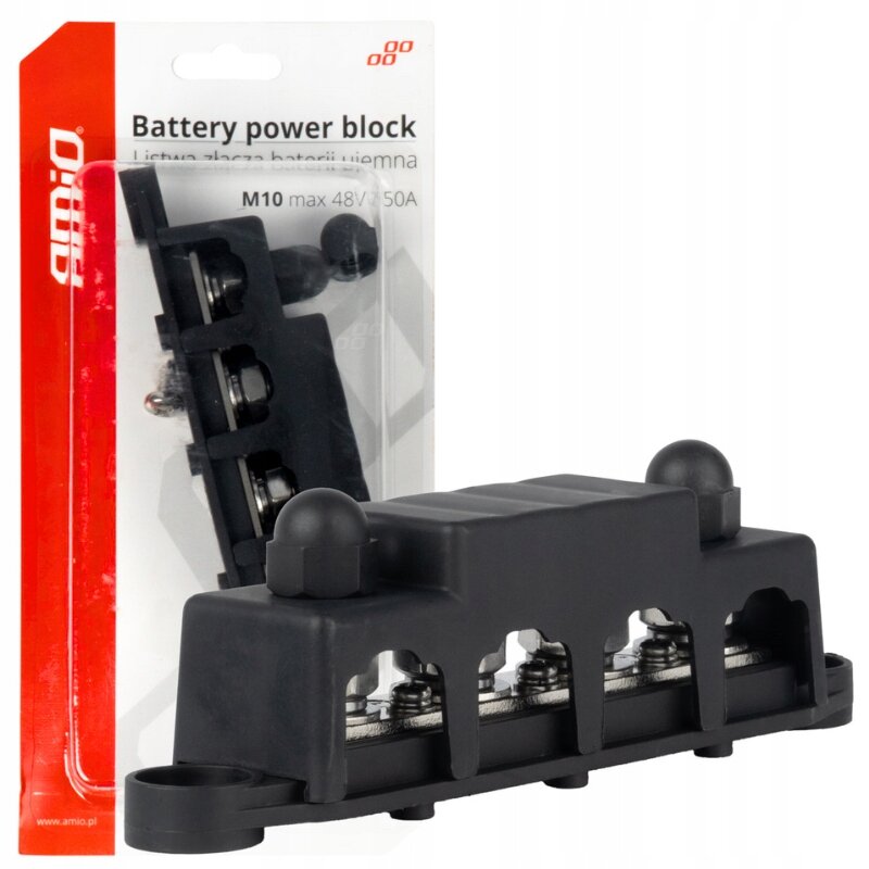 Na obrazie widoczny jest czarny blok mocy z czterema śrubami, zapakowany w przezroczyste opakowanie z czerwonym paskiem z logo \'amio\'. Na opakowaniu znajduje się tekst: \'Battery power block, Listwa złącza baterii ujemna, M10 max 48V 50A\'.