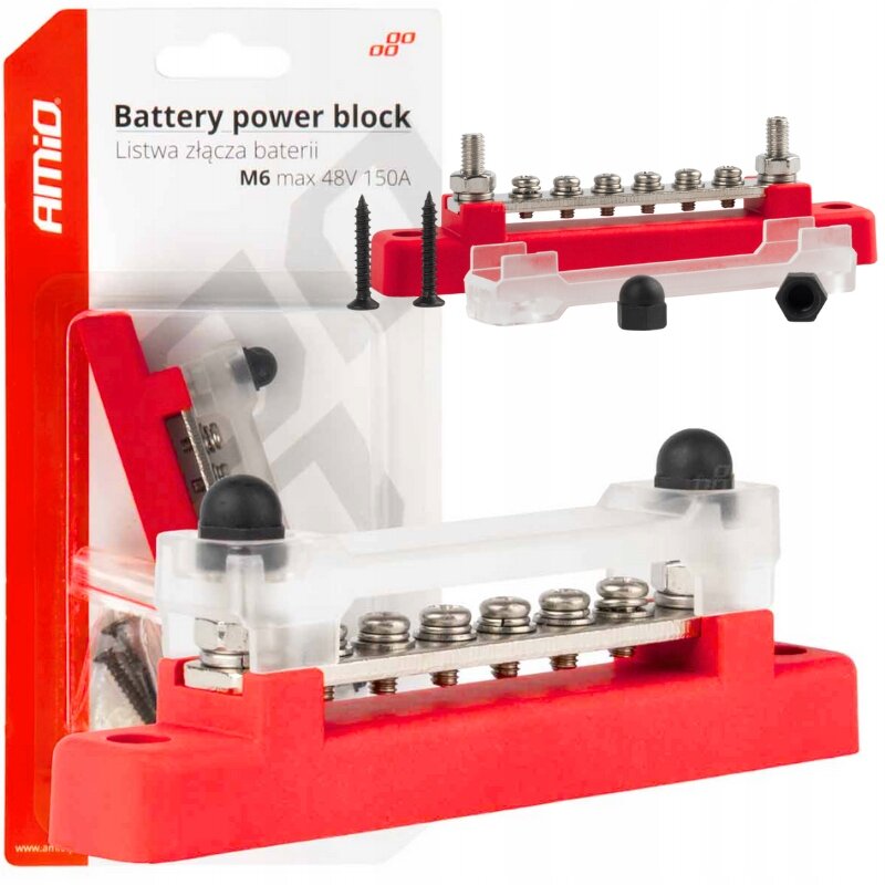 Na obrazie widoczny jest produkt \'Battery power block\' z czerwonymi i przezroczystymi elementami oraz śrubami. Opakowanie zawiera tekst: \'Battery power block, Listwa złącza baterii, M6 max 48V 150A\'.