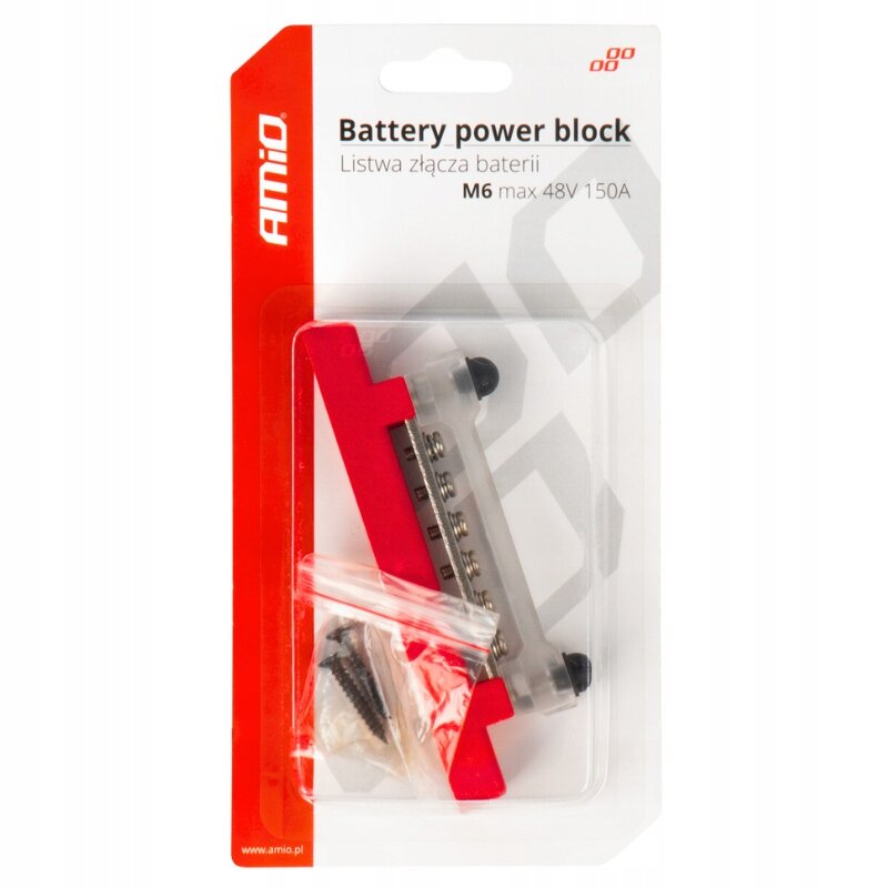 Opakowanie zawiera czerwony blok mocy z sześcioma śrubami, zapakowany w przezroczystą plastikową osłonę. Na opakowaniu widnieje tekst: \'AMiO Battery power block, Listwa złącza baterii, M6 max 48V 150A\'.