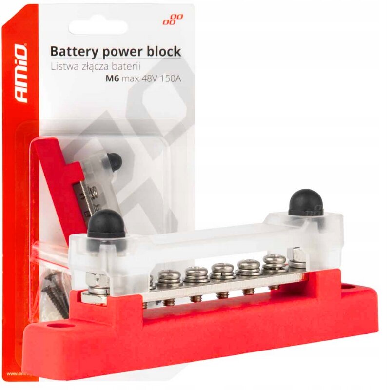 Na obrazie widoczny jest produkt w opakowaniu z napisem \'Battery power block Listwa złącza baterii M6 max 48V 150A\'. Produkt ma czerwony element podstawy i przezroczystą część z metalowymi śrubami.