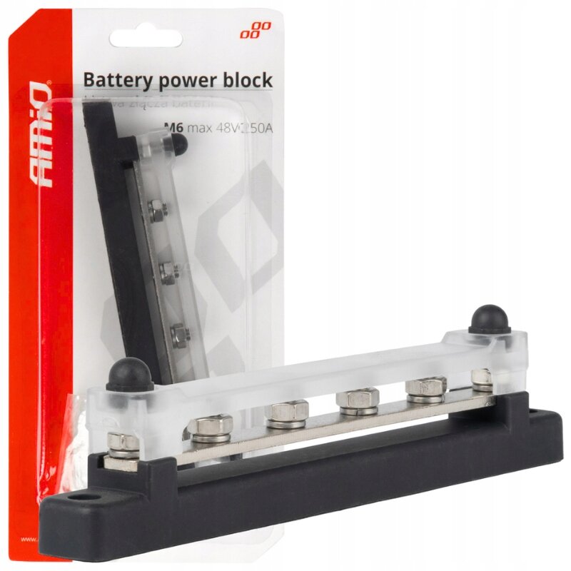 Na obrazie widoczny jest produkt w opakowaniu z napisem \'Battery power block\' oraz logo \'AMiO\'. Produkt to blok mocy z czterema śrubami, przeznaczony do zastosowań w łodziach, samochodach i kamperach.