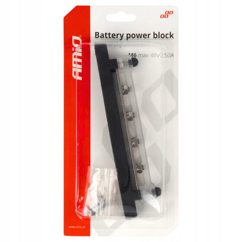 Opakowanie produktu z napisem \'Battery power block\' oraz logo \'AMiO\'. Wewnątrz znajduje się blok mocy z czterema śrubami i dodatkowym woreczkiem z akcesoriami.