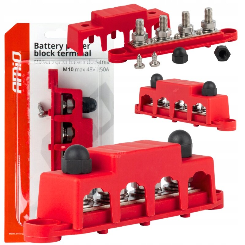 Na obrazie widoczny jest czerwony blok mocy z czterema śrubami i czarnymi nakładkami, zapakowany w opakowanie z napisem \'Battery power block terminal Listwa złącza baterii dodatnia M10 max 48V 250A\'. Logo \'AMiO\' znajduje się na opakowaniu.