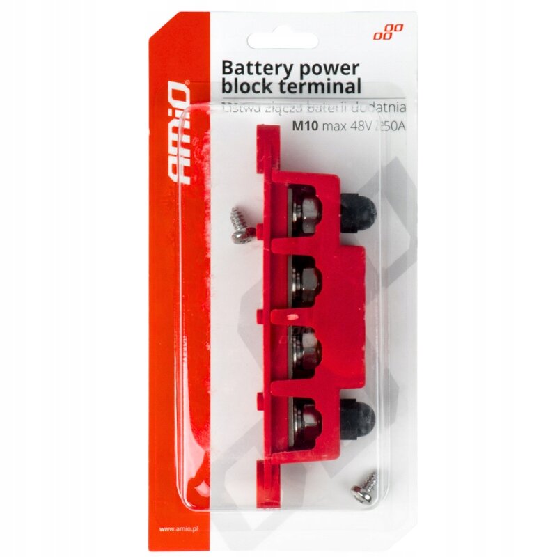Opakowanie zawiera czerwony blok mocy z czterema śrubami, przeznaczony do połączeń baterii. Na opakowaniu widnieje tekst: \'Battery power block terminal, listwa złącza baterii dodatnia, M10 max 48V 250A\'.