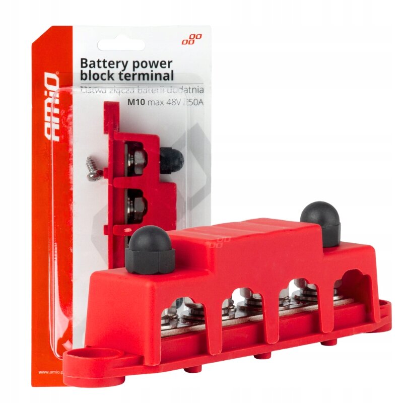 Czerwony blok mocy z czterema śrubami i czarnymi nakrętkami, zapakowany w przezroczyste opakowanie z napisem \'Battery power block terminal M10 max 48V 250A\'.