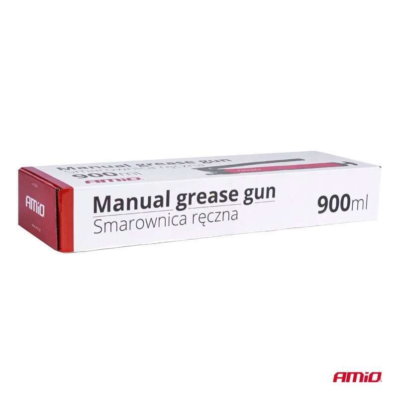 Opakowanie produktu z napisem \'Manual grease gun Smarownica ręczna 900ml\'. Widoczne logo \'AMiO\'.