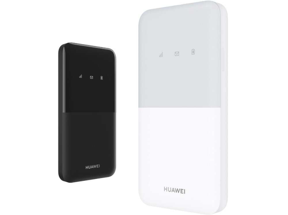 Router HUAWEI 4G Mobile Wi-Fi 5 E5586-326 Zdjęcie przedstawia dwa małe, prostokątne urządzenia w kolorze czarnym i białym ustawione obok siebie na białym tle. Obudowy mają zaokrąglone rogi i są podzielone na dwie części: górną, lekko przezroczystą z trzema małymi ikonami statusu oraz dolną z napisem HUAWEI