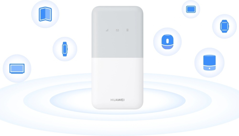 Router HUAWEI 4G Mobile Wi-Fi 5 E5586-326 Grafika prezentuje białe urządzenie umieszczone w centrum, od którego rozchodzą się błękitne, koliste fale. Wokół urządzenia unoszą się niebieskie ikony w białych kółkach, symbolizujące różne sprzęty elektroniczne: tablet, laptop, opaskę sportową, głośnik bezprzewodowy oraz zegarek