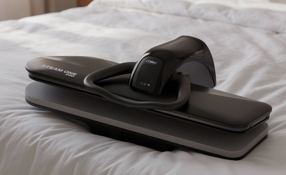 Na łóżku znajduje się czarny system do prasowania z widocznym napisem \'STEAM ONE PRO\' oraz logo \'COBBO\'. Urządzenie ma nowoczesny design i jest umieszczone na białej pościeli.