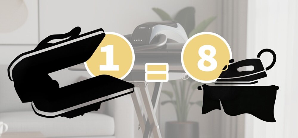 Obraz przedstawia system do prasowania oraz symbol żelazka z deską, z cyframi \'1\' i \'8\' na żółtych kołach pomiędzy nimi. W tle widoczny jest rozmyty pokój z rośliną i zasłonami.
