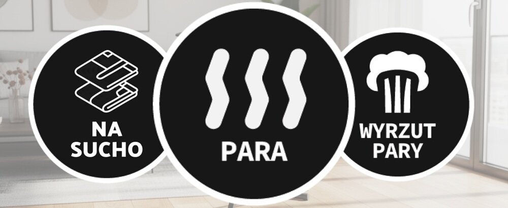 Obraz przedstawia trzy okrągłe ikony na ciemnym tle. Ikony zawierają napisy: \'NA SUCHO\', \'PARA\', \'WYRZUT PARY\'.
