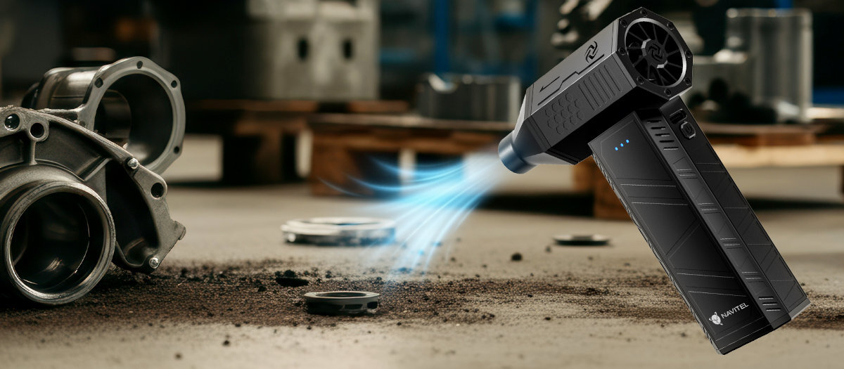 NAVITEL TF3 Compact JET oczyszczania stanowiska z trocin, pyłu, opiłków czy drobnych resztek po wierceniu i cięciu silnemu strumieniowi powietrza bez konieczności użycia szczotek czy odkurzacza - dmuchawa na tle warsztatu