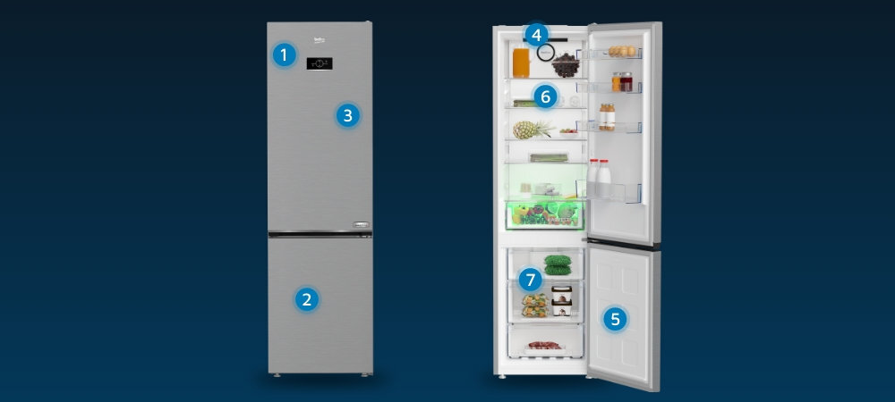 LODÓWKA BEKO B3RCNA404HXB wizualizacja wnętrze wyposażenie punkty cechy Wyświetlacz elektroniczny Minimalistyczny design test wytrzymałościowy Oświetlenie LED Alarm dźwiękowy szuflady mrożenia półka na butelki