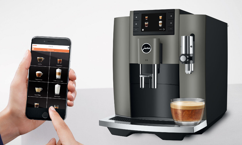 Ekspres JURA E8 Dark Inox (EC) JURA Operating Experience (J.O.E.®) smartfon obsługa informacja dostep kawy komunikaty