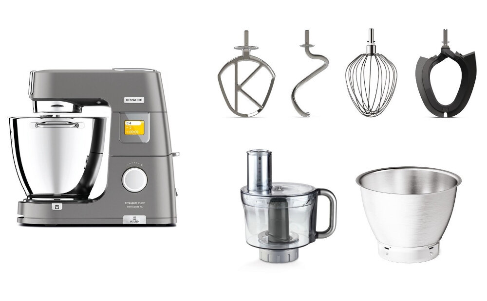 Robot wielofunkcyjny KENWOOD Titanium Chef Patissier XL KWL90.244SI 1400W z wbudowana waga i funkcja gotowania (2 misy w zestawie) zestaw zawartosc zestawu komplet akcesoria wyposazenie