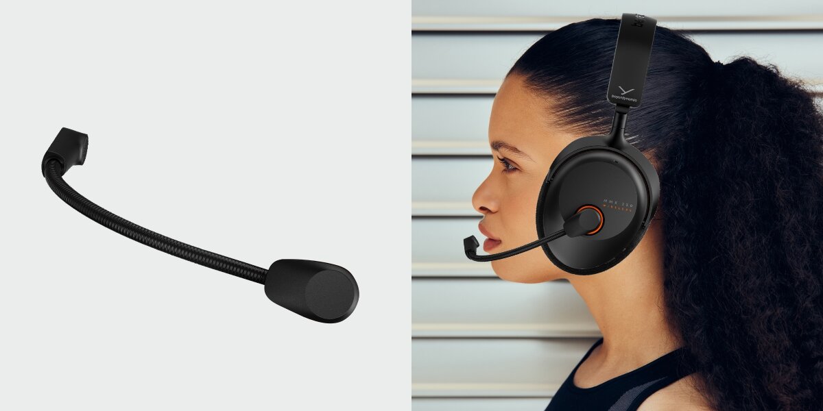  Słuchawki BEYERDYNAMIC MMX 230 - Czysta komunikacja, Zintegrowany mikrofon, funkcja szybkiego wyciszenia po odchyleniu, cyfrowa redukcja zakłóceń, osoba z założonymi słuchawkami gamingowymi