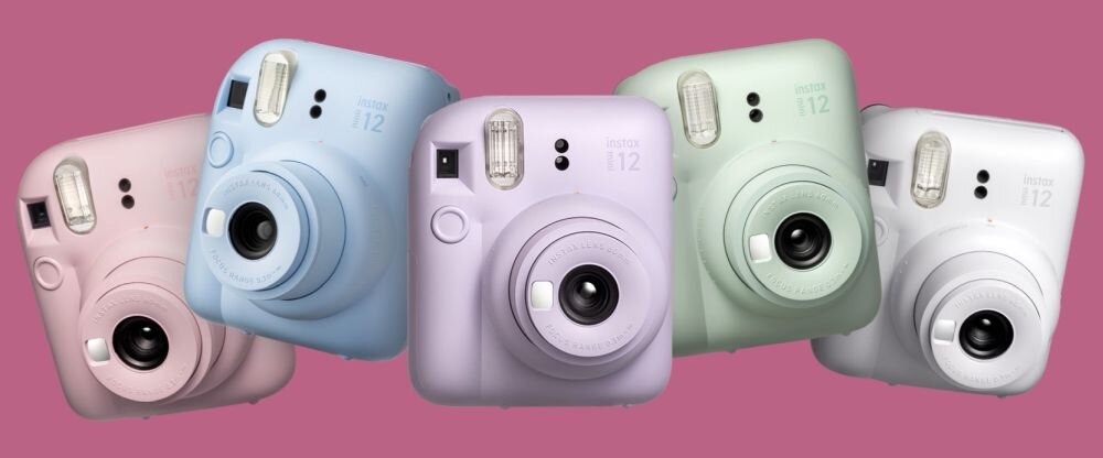 Aparat FUJIFILM Instax Mini 12  zdjęcia drukowanie drukarka wkłady filmy rozdzielczość bateria obiektyw pojemność tryby filtry łączność smartfon aplikacja sterowanie ogniskowa przysłona migawka lampa błyskowa wymiary ekran wizjer waga zapis karta pamięć 