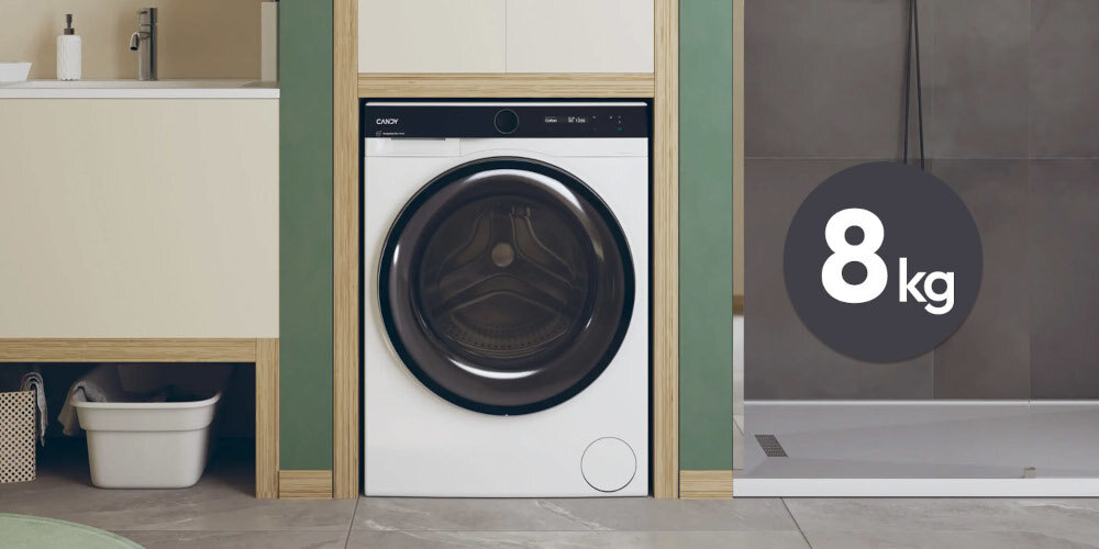 PRALKA CANDY AI PROWASH700 BS 48SB6-S lifestyle wizualizacja pojemność ikona pojemności kosz na pranie 8 kg bęben załadunek zajmuje mało miejsca wymiary głębokość 43,3 cm do małych pomieszczeń