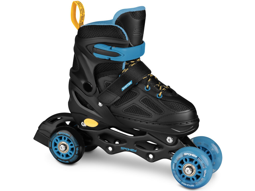 Łyżworolki SPOKEY Quattro 4w1 (rozmiar 38-41) Czarno-niebieski wrotka na białym tle widoczna od przodu pod skosem cholewka wykonana z półmiękkiego poliestru solidne podparcie stopy prawidłowa pozycja nogi lepsza kontrola ruchów większe poczucie bezpieczeństwa ogranicza ryzyko niekontrolowanych skrętów ułatwia płynne poruszanie się
