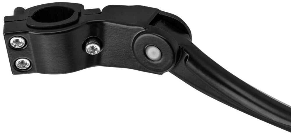 Czarna stopka do roweru z metalowym mocowaniem i trzema widocznymi śrubami. Produkt ma gładką powierzchnię i zaokrąglone krawędzie.