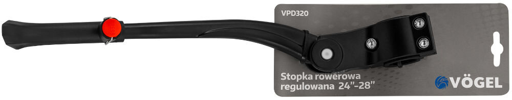 Czarna, regulowana stopka rowerowa z czerwonym elementem, zamocowana na kartonowym opakowaniu z napisem \'VPD320 Stopka rowerowa regulowana 24\'\'-28\'\'\'. Widoczne jest logo VÖGEL.