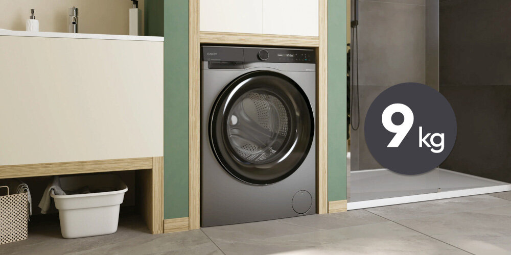Pralka CANDY AI BS 49SB8G-S pojemność bębna 9 kg większa ilość prania rozpoznawanie wagi dopasowanie parametrów prania