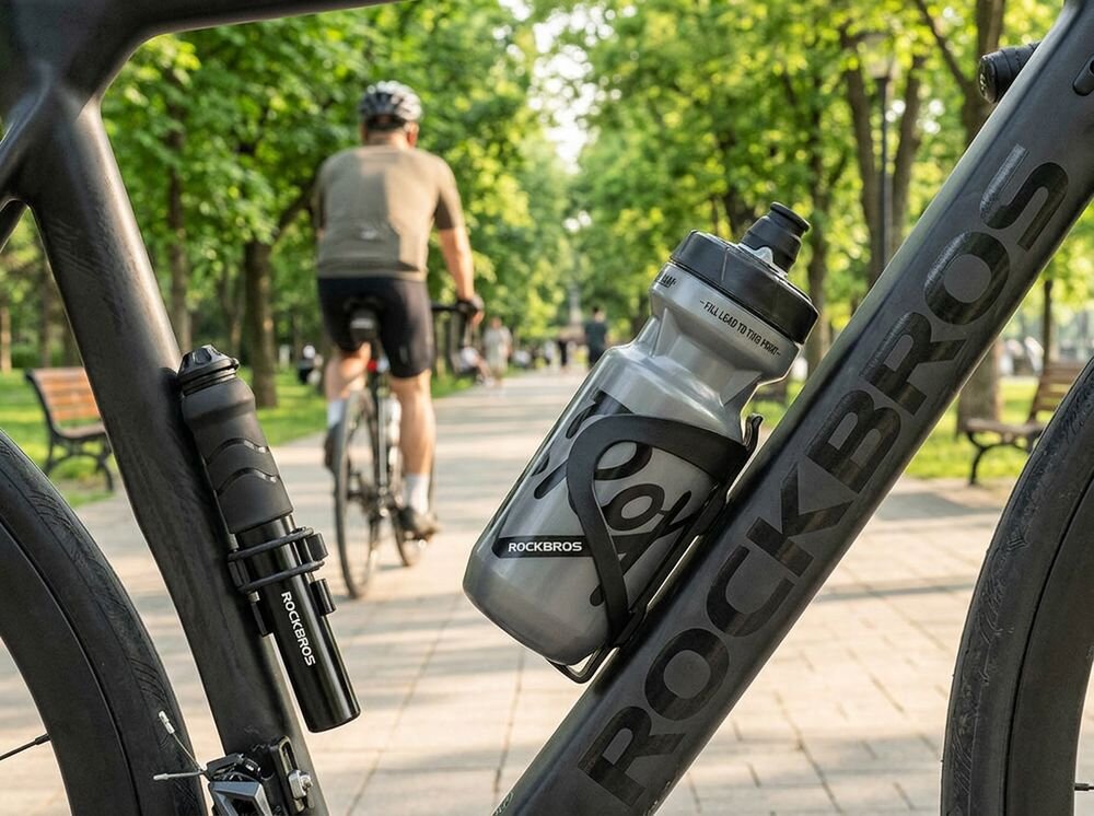 Pompka rowerowa ręczna ROCKBROS 810PCS-HP Mini, solidna, powietrze, pompowanie, rower, Pompka i bidon zamontowane na ramie roweru szosowego.