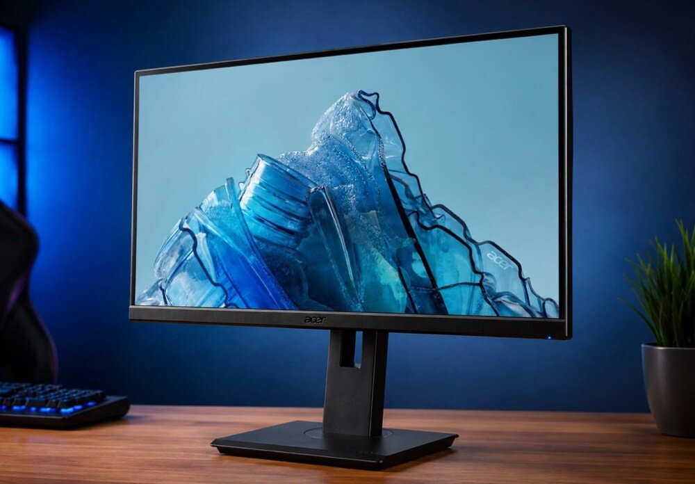 Monitor ACER Vero B7 B277UGBMIIQPRZX Monitor stojący na drewnianym blacie z wyświetloną na ekranie grafiką w odcieniach niebieskiego