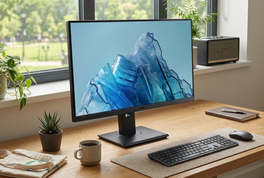 Monitor ACER Vero B7 B277UGBMIIQPRZX Monitor na biurku przy oknie w otoczeniu klawiatury, myszki, kubka i roślin doniczkowych