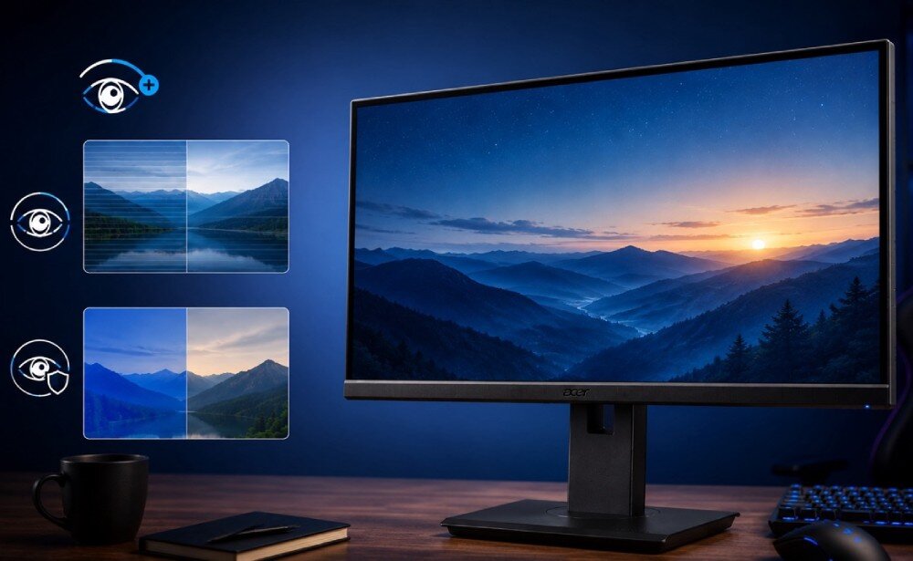 Monitor ACER Vero B7 B277UGBMIIQPRZX Monitor wyświetlający krajobraz z widocznymi obok ikonami symbolizującymi technologie ochrony wzroku